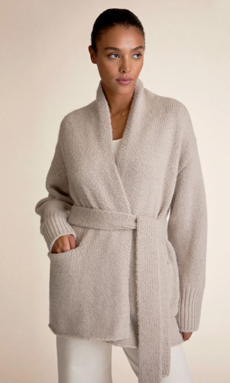 MM LaFleur Manon Desk Cardigan Womens Small Alpaca Wool Belted Gray Shawl Collar